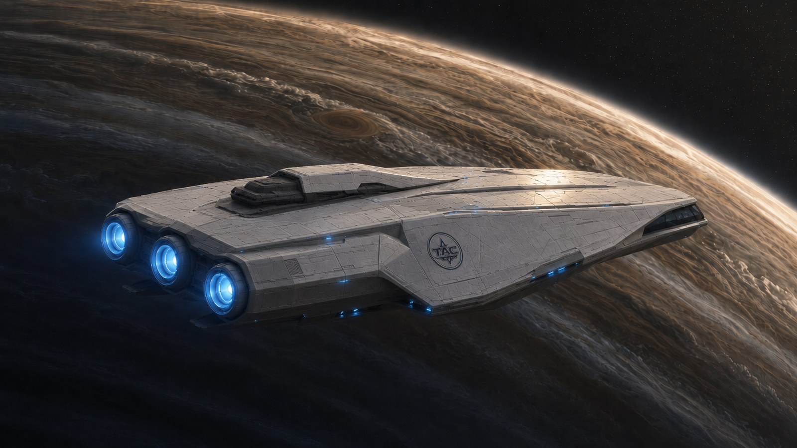 The TAC starship passing a gas giant
